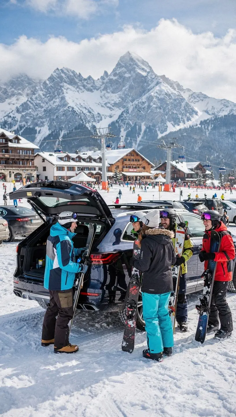 Luxusné auto zaparkované pred majestátnym hradom na Slovensku.