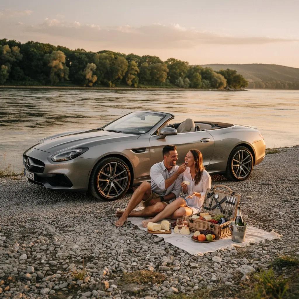 Zákazník si užíva jazdu v štýlovom vozidle na malebnej slovenskej ceste.